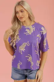 Purple Allover Tiger Printed Patch Pocket Loose T Shirt