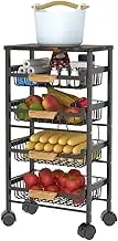 5 Tier Fruit Basket,Pull-Out Storage Basket,Vegetable Pannier with Wheels,Item Storage Rack,Wooden Top Table,Utility Item Cart,for Kitchen,Bathroom,Living Room