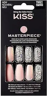 KISS Masterpiece One-Of-A-Kind Luxe Manicure, Premium Acrylic Fake Nails with Pink Gel Nail Glue, Manicure Stick, Mini Nail File, & 30 Glue On Nails Including 12 Accent Nails