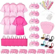IHFAIO 48 Pack Spa Party Supplies for Girls, Satin Robes, Unicorn Sleep Masks, Slippers, Gift Bags, Headbands, Sleepover Birthday Party Favors, 6 People, Pink, 10-11 Years