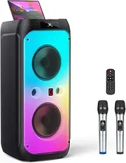 Karaoke Machine with 2 Wireless Microphones, Big Bluetooth Party Speaker for Adults, PA System with 500W Peak Power and Disco Light, Rolling Wheels and Trolley for Gatherings, Home Party, Outdoor