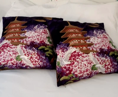 2 Large Handmade Asian PAGODAS AND CRANES Feather Pillows, Black/Pink/Gold/White