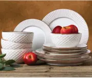 12 Piece Heavily Embossed White Finest Stoneware Dinnerware Set - Service for 4