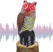 Hausse Solar Fake Horned Owl Statue, Solar Powered Halloween Motion Activated Scarecrow Deterrent Owl with Red Eyes, Scary Sound Scare Birds Away for Garden Yard Outdoor