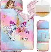 KINBEDY Toddler Nap Mat with Pillow and Blanket Floral Unicorn Kids Sleeping Mat for Preschool Daycare Kindergarten Toddler Girls Sleeping Bag Kids Travel Bed Roll Up Nap Mats