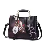 Ladies Leather Personalized Print Handbags Large Capacity Satchel-Black