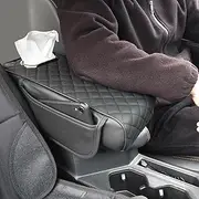 Car Leather Armrest Cover Center Console Cushion, Universal Memory Foam Armrest Pillow with Organizer, Anti-Scratch Arm Rest Protector Pad Accessories for Car, SUVs (Black with Tissue Box)