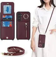 [Cavor] Vertical Flip Cover for Samsung Galaxy A54 5G Leather Case 6.4'' Crossbody Wallet Card Slots with 360°Rotation Ring Holder Kickstand & Long Shoulder Lanyard Strap-Wine Red