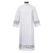 Elegant Alpha and Omega Lace Insert Front Wrap Alb with Reinforced Seams Size L