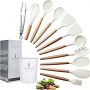 12 PCs | Kitchen Utensils Set, Non Stick Silicone Cooking Utensil Set, Wooden Handle, Heat Resistance, Gadgets Sets, Kitchen Spoons, Spatula Sets, Brush, Whisk, Tongs, Bucket (White)