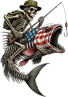 Patriotic Fishing Skeleton Iron On Transfer-T-Shirt + Light & Dark Fabrics #35