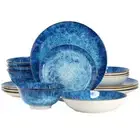Elama Oceanus 16 Piece Porcelain Double Bowl Dinnerware Set in Blue Tableware...