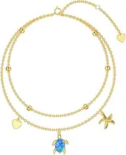 [SISGEM] Solid 14K Gold Sea Turtle Anklet for Women,14kt Real Gold Layered Blue Opal Sea Turtle Anklet Summer Beach Foot Jewelry Gifts for Wife Mom Christmas Birthday, 8''+2'', Small, Metal, blue opal