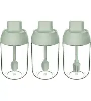 Set of 3 Spice Jars 8.45 oz Salt Sugar Glass Condiment Pots with Spoon (Green)