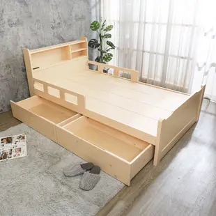 柏蒂家居-瓦爾3.5尺單人書架型插座床頭護欄實木床架/兒童床組-附收納抽屜2入