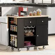 5 Wheels Kitchen Storage Island w Drop Leaf, Rubber Wood, Storage & Rack, Black