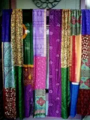 Handmade Patchwork Curtain Drape Window Decor Multi Silk Sari Curtain 2 pcs