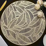 Mabbcoo Placemats Set of 6, Round Leaf Place Mats for Dining Table Hollowed-Out Pressed Vinyl Table Mats for Holiday Party Wedding Accent Centerpiece Dinner Table Decoration (Gold)