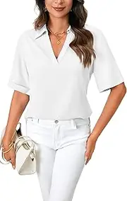 [LYANER] Women's Collared V Neck Split High Low Short Sleeve Work Casual Shirt Blouses