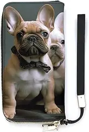 [YHEGBFD] Leather Purse, French Bulldog Puppies Print Womens Wallet, Wristlet Travel Wallet, Wrist Strap Long Purse, Leather Zip Around Wallet, Style, 20x10.5cm, Modern