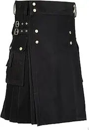 [Hamilton Kilts] Mens Scottish Cotton Deluxe Kilt Black Tartan 8 Yards