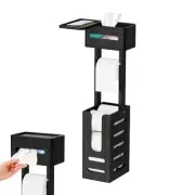 Black Toilet Paper Holder Stand Bamboo Free Standing with Storage Shelf Box