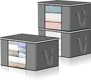 VERONLY 90L Large Storage Bags, 3 Pack Fabric Clothes storage boxes with Durable Handle, Clear Window, Foldable Storage Containers for Clothing, Bedding, Comforters, Blanket and Toys, Grey