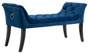 Blue Ottoman Linen Tufted Fabric Foot Stool Bench Seat with Studs and Rings
