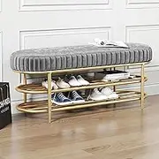 Metal Shoe Rack with Velvet Seat,Modern Upholstered Shoe Bench,Decorative Livingroom Bench Ottoman Accent Furniture,Luxury Entryway Shoe Storage Bench-Gray 100x32x47cm(39x13x19inch)