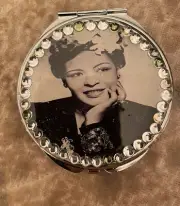 Retro Billie Holiday Bejeweled Round Silver Mirror Compact