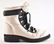 Chanel 18B Pink Black Nylon CC Logo Coco Neige Snow Winter Lace Up Tie Boots 37