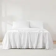 Lush Decor Coastal Chic Scalloped Edge Cotton Sheet Set 4 Piece Set King Neutral - White Sheets - Scallop Trim - Bed Sheets - Coastal Decor