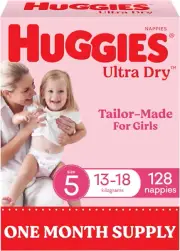 Ultra Dry Nappies Girls Size 5 (13-18Kg) 128 Count - One Month Supply (Packaging