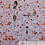 BonEful Fabric FQ Cotton Quilt Pink Girl Reading Old Book Fox Scenic Flower Tiny