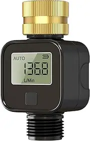 Water Flow Meter with Brass Metal Thread, Measures Gallons/Liters & Flow Rate – Ideal for RV Water Tank Filling, Garden Hose Watering, Lawn Sprinklers & Nozzle Sprayers