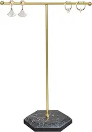 [Hnonoxy] Jewellery Organiser Stand, T-Bar Necklace Display Stand Earrings Display Holder, Metal Hanging Pendant Rack with Marble Pattern Tray, Jewelry Stand for Bracelets Rings Keys Watches (Black+Gold)