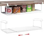NOAEOU 2 Pack Expandable Under Cabinet Shelf, Extendable Under Shelf Storage with Long Clips for Pantry Cabinet, Laundry Room, Kitchen ((White, 5.12" H x 8.26" D))