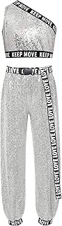 [Raenseen] Girls Jazz Hip Hop Dance Costumes 2pcs Oneshoulder Crop Tank Top And Pants Sets For Stage Showing
