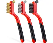 Wire Brush Set 3Pcs - Nylon/Brass/Stainless Steel Bristles with Curved Handle Grip for Rust, Dirt & Paint Scrubbing with Deep Cleaning – 7 Inches (Red)