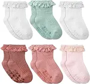 [Jspupifip] 6 Pairs Toddler Girls Anti Slip Socks Girls Ruffle Socks Baby Lace Trim Socks Cute Toddler Ruffle Cotton Socks for Girl, Multicolor