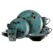Round Stoneware Floral Dinnerware Dish Set, 16 Piece, Blue with Red Accents
