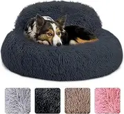 [Dsocool] Calming Dog Bed - Donut Dog Beds for Small, Medium, Large Dogs, Washable Round Dog Bed- Fluffy Plush Faux Fur Pet Bed, Anti-Anxiety Puppy Bed, 90cm Fits Up to 45kg Pets (Dark Gray, M-70CM)