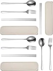 3 Set Portable Cutlery Set with Case Include Fork Spoon Chopsticks, Portable Travel Utensil Set, Reusable Stainless Steel Camping Utensils Set, Lunch Cutlery Set for Work School (Silver)