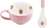 Soup Bowl with Handle Japanese-Style Breakfast,480ML Soup Bowls Mug Cup in China Porcelain Ceramic with Lid and Spoon Oven Microwaveable Microwave Safe for Milk-Pink B