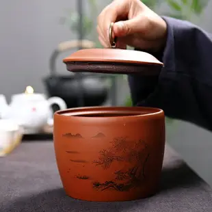 紫砂茶葉罐中號粗陶密封儲物罐陶瓷普洱茶家用茶道配件