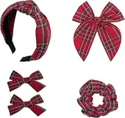 [Cosmeria] Plaid Hair Bows Set - 4-Piece Set with Uniform Checked Headband, Hair Bows and Hair Bobbles for Various Hairstyles and Occasions, red, L