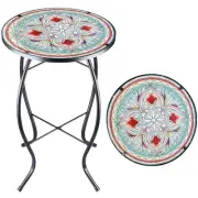 14 Inch Small Outdoor Side Table with Red Flower, Glass Mosaic Patio Table
