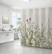 Floral Fabric Shower Curtain Vintage Painting,Waterproof Shower Curtain with Hooks,Flower and Green Leaves for Bathroom Accessories(180cm x 180cm)
