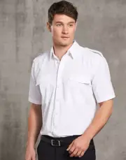 Benchmark Unisex Short Sleeve Poplin Epaulette Shirts Pleated Pockets ButtonFlap