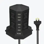 Tower Power Strip Surge Protector 8 AC Outlets 5 USB or 1 USB C PD 25W 2.4A totals 6A Chargers 2M Long Extension Cord SAA Certified Black-Powerjc